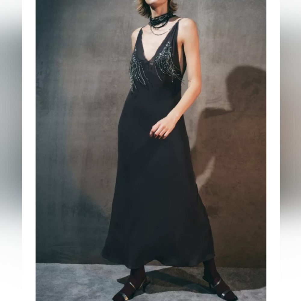 Zara Beaded Georgette Grey Evening Dress Sz-M